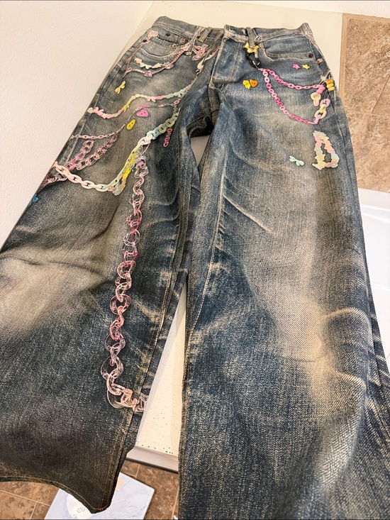 Acne Studios Denim - Acne Wide-Leg Dark Wash Jeans with Pastel Chain Embellishments